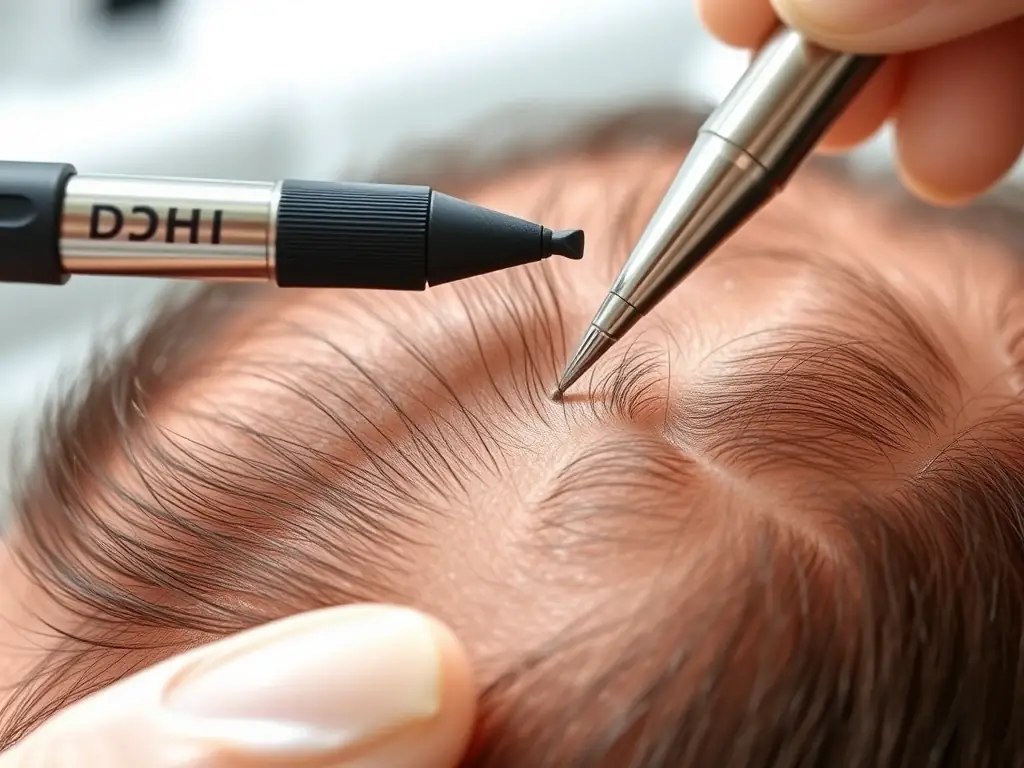A close-up shot of a patient's scalp undergoing a Direct Hair Implantation (DHI) procedure, showcasing the precision and minimally invasive nature of the technique.