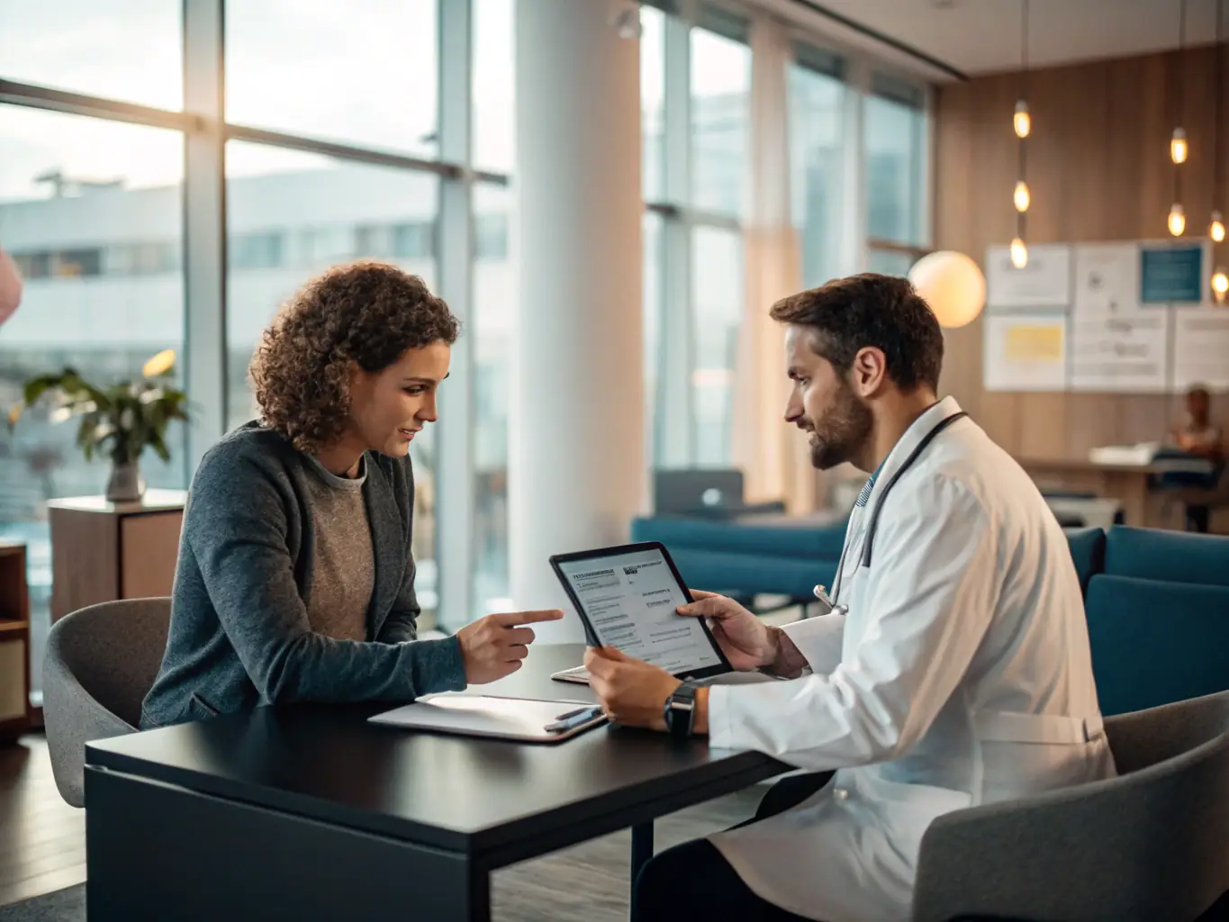 A professional and compassionate Turkish medical expert is consulting with a patient, discussing hair restoration options in a modern clinic setting.