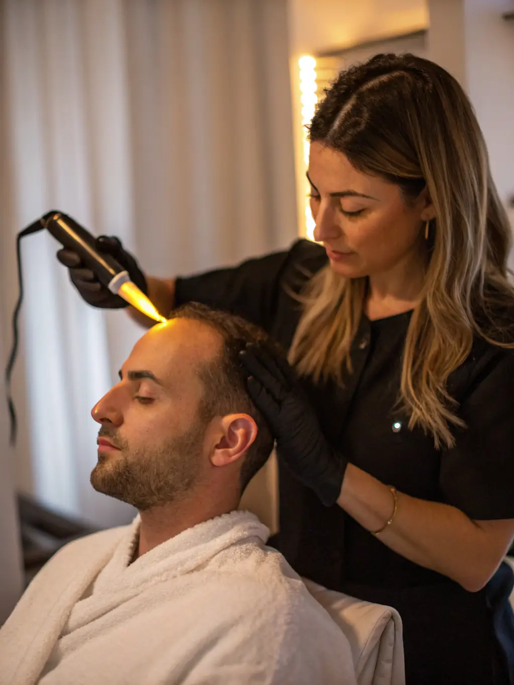 An image showing a patient at Hair Art Clinics receiving PRP injections into the scalp, with a focus on the treatment process and the clinic's professional environment.