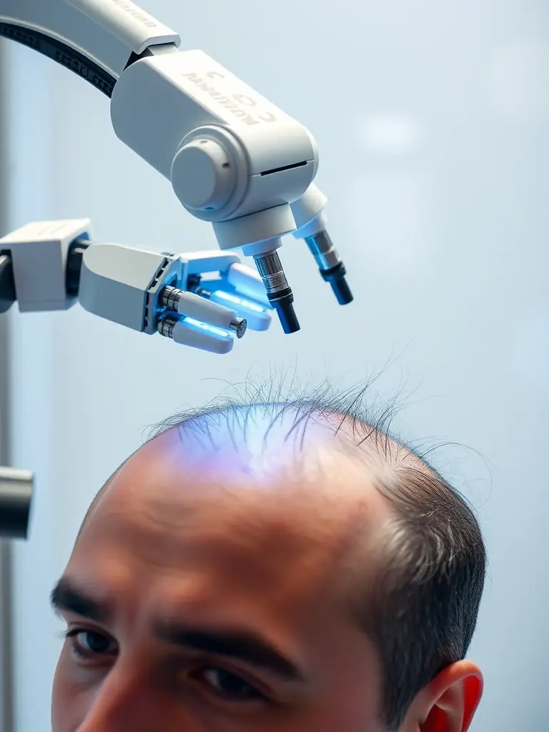 A detailed image illustrating the Direct Hair Implantation (DHI) technique, showing the Choi implanter pen precisely placing hair follicles into the scalp.