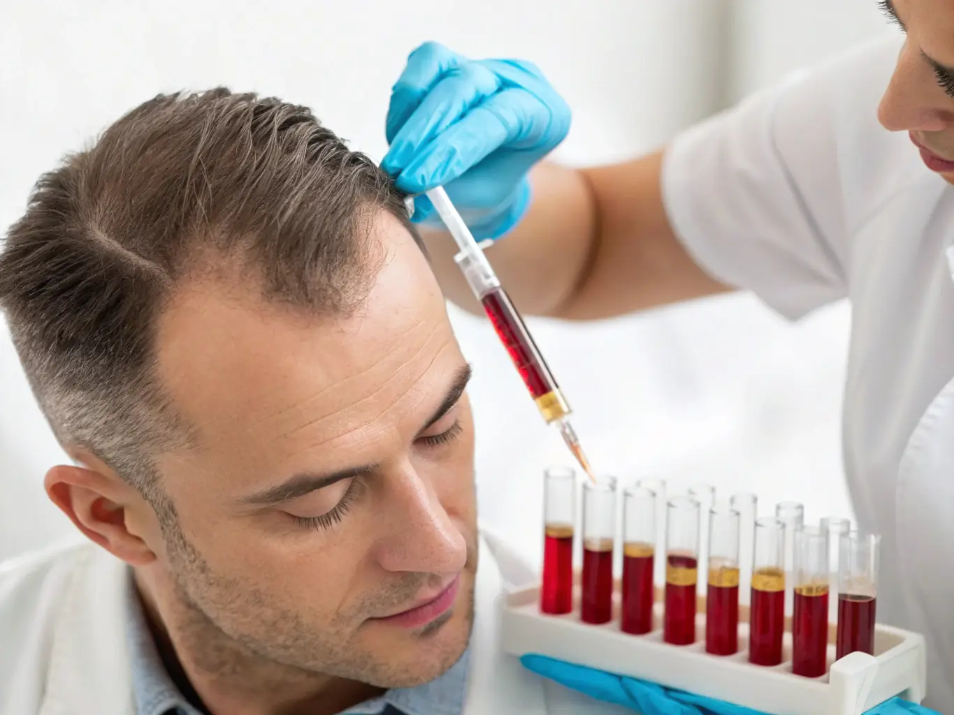 An image depicting a PRP therapy session, highlighting the process of injecting platelet-rich plasma into the scalp to stimulate hair growth.