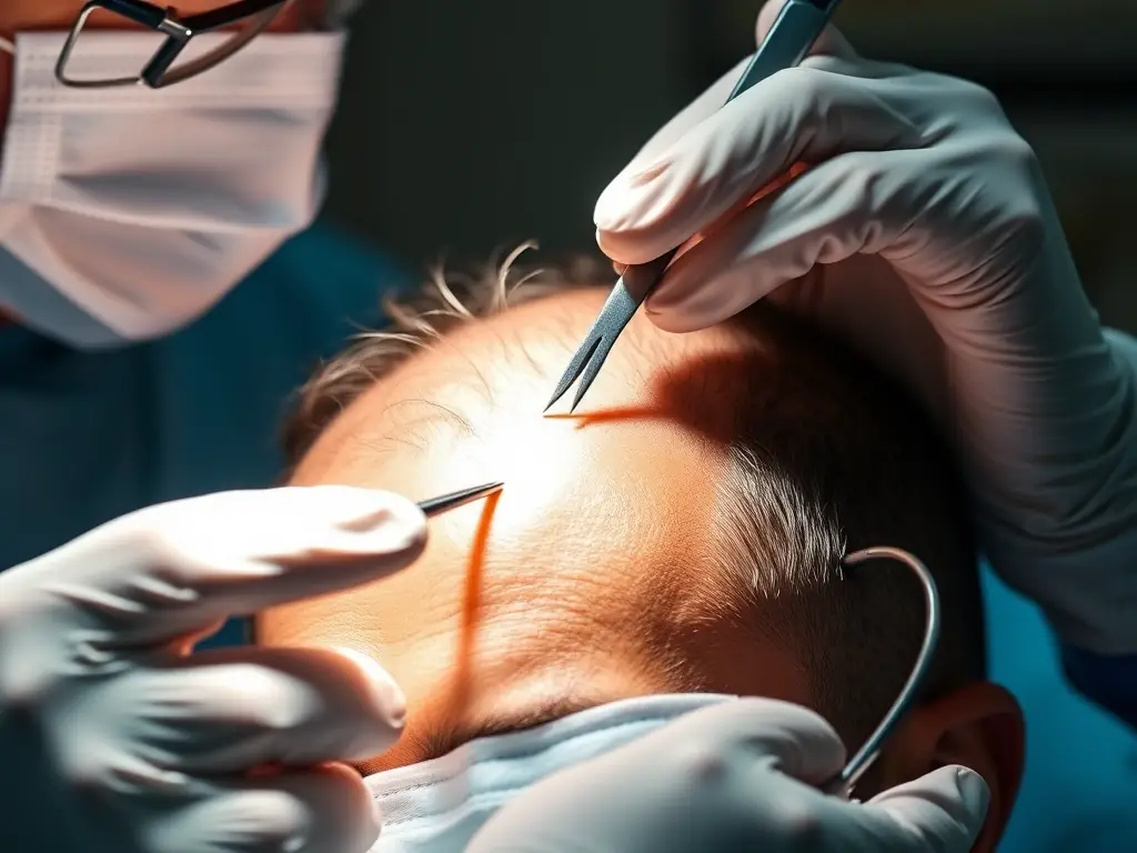 A close-up shot of a surgeon performing a hair transplant using the FUE technique, with focus on the precision and care involved in extracting hair follicles.