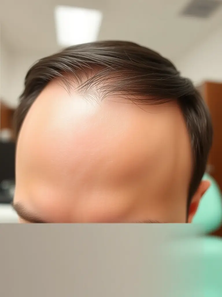 A close-up photo showing a patient's hairline after a hair transplant, demonstrating a natural and realistic look, taken in a well-lit clinic setting.