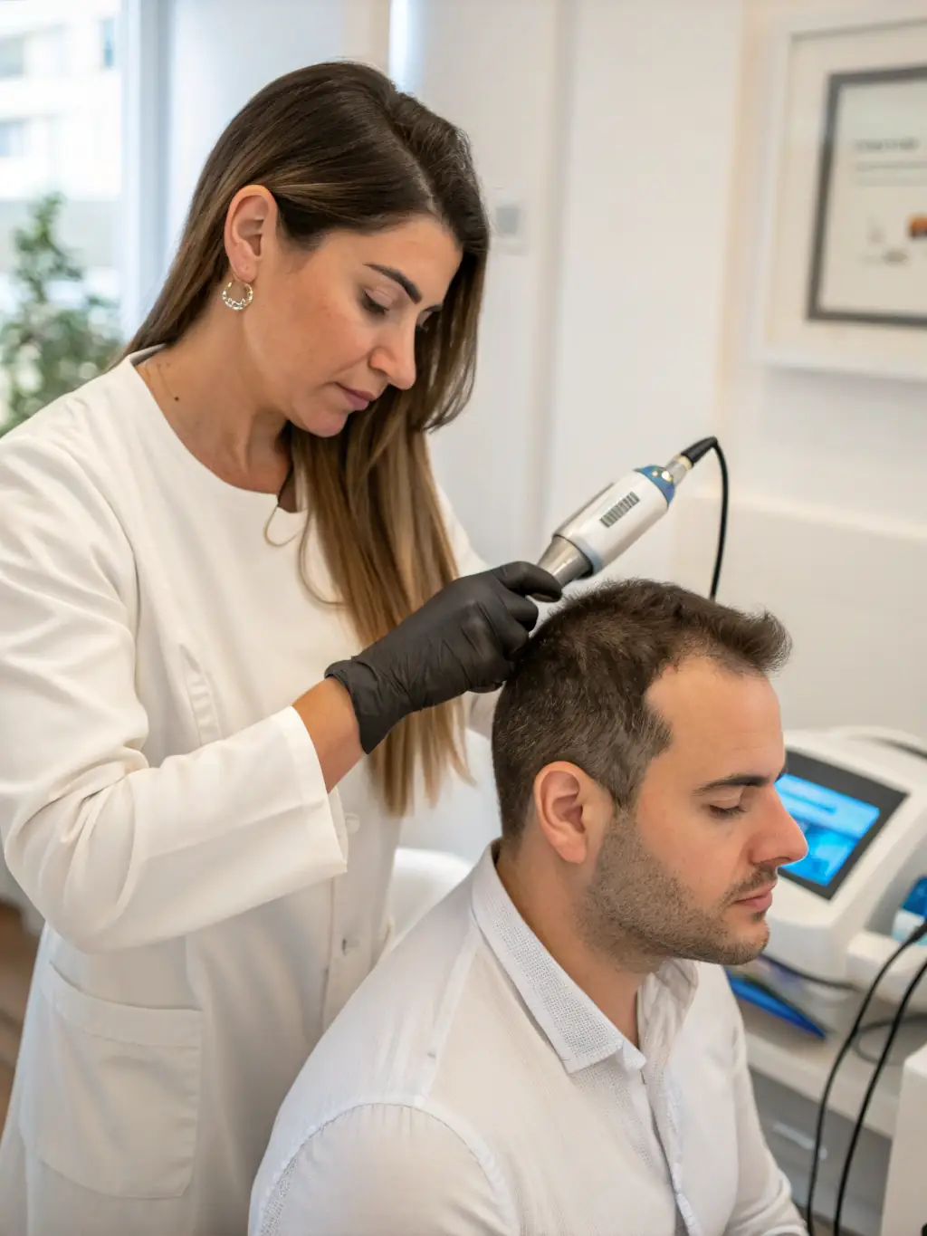 A close-up photograph showing a doctor using a specialized tool to examine a patient's scalp during a hair loss assessment at Hair Art Clinics.
