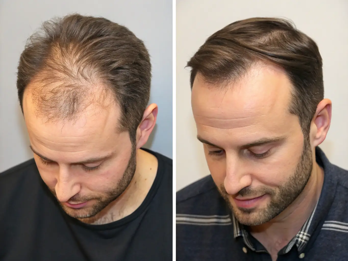 A before-and-after photo comparison showcasing a patient with significant hair loss before the transplant and a fuller head of hair one year after the procedure, taken in a well-lit studio.