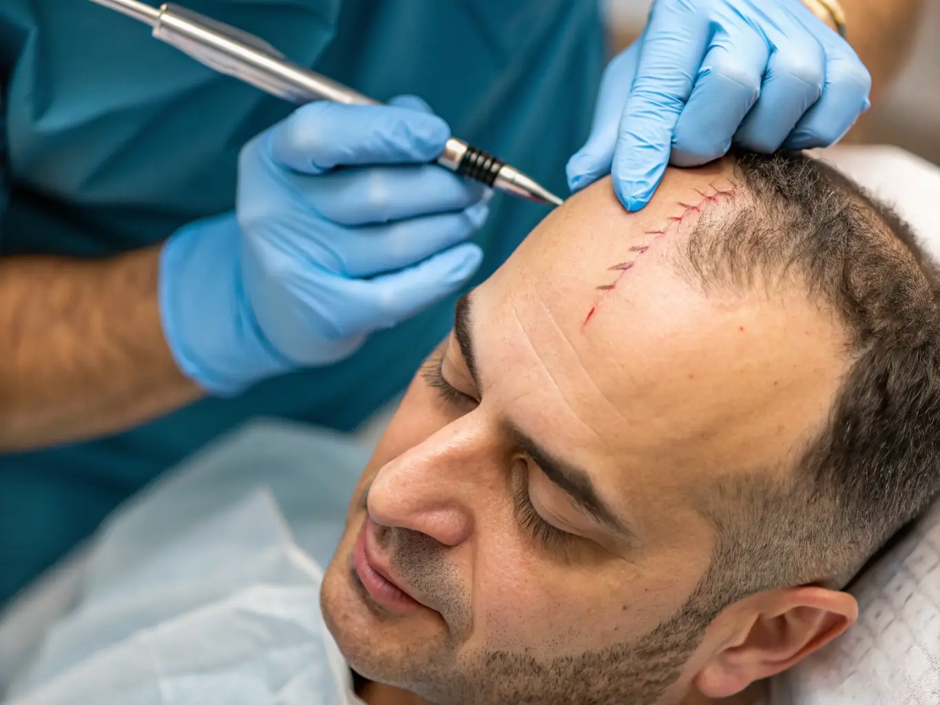 A close-up shot of a patient's scalp immediately after a Follicular Unit Extraction (FUE) procedure, showing the tiny, precise extraction sites. The skin is clean and slightly pink, indicating minimal invasiveness. The image conveys the advanced technology and precision of the FUE technique.