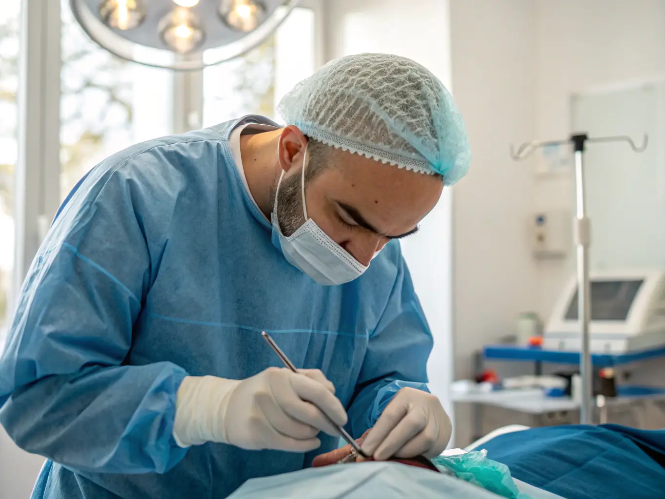 An image depicting a patient undergoing a hair transplant procedure at Hair Art Clinics, emphasizing the minimal scarring associated with the clinic's advanced techniques. The image should convey the clinic's commitment to patient comfort and safety, showcasing the use of state-of-the-art equipment and sterile surgical environments.