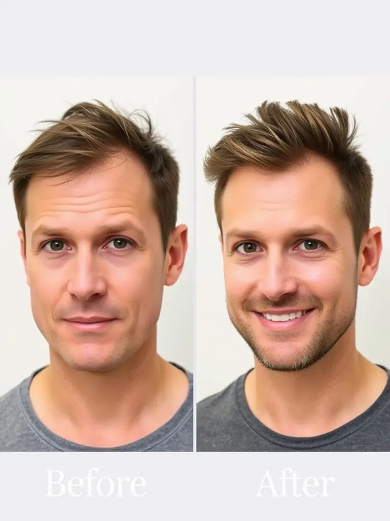 A photo illustrating the long-term results of a hair transplant, showing a patient several years post-procedure with a full head of hair, in a lifestyle setting.