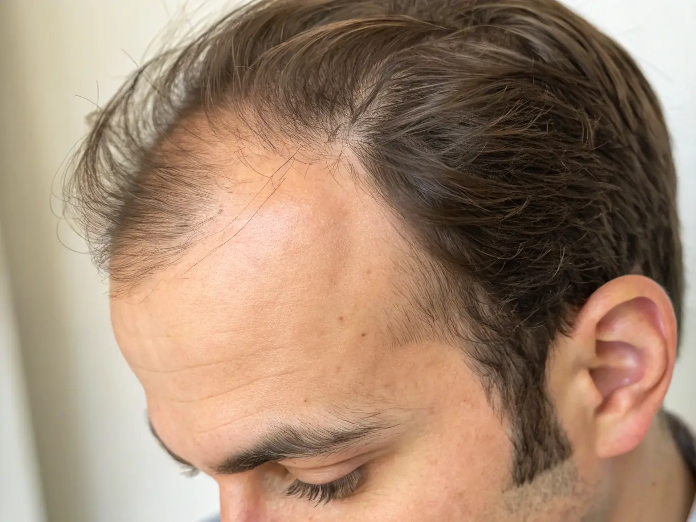 A close-up shot of a patient's scalp three months post-hair transplant, showing early signs of hair growth and healing, set against a blurred background of a modern clinic setting.